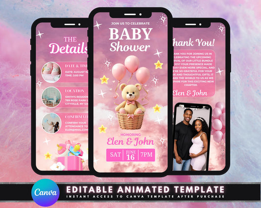 Animated Baby Shower Invitation, DIY Template Design, Pink Baby Shower Video Announcement Invite, Premade Teddy Bear Phone Digital Invite
