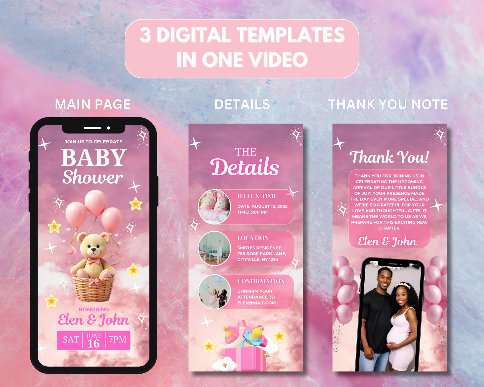 Animated Baby Shower Invitation, DIY Template Design, Pink Baby Shower Video Announcement Invite, Premade Teddy Bear Phone Digital Invite