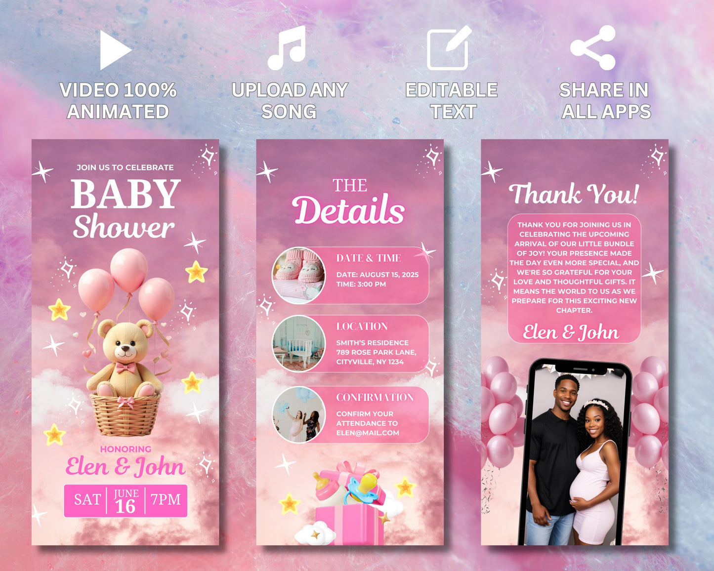 animated baby shower invitation, diy template design, pink baby shower video announcement invite, premade teddy bear phone digital invite