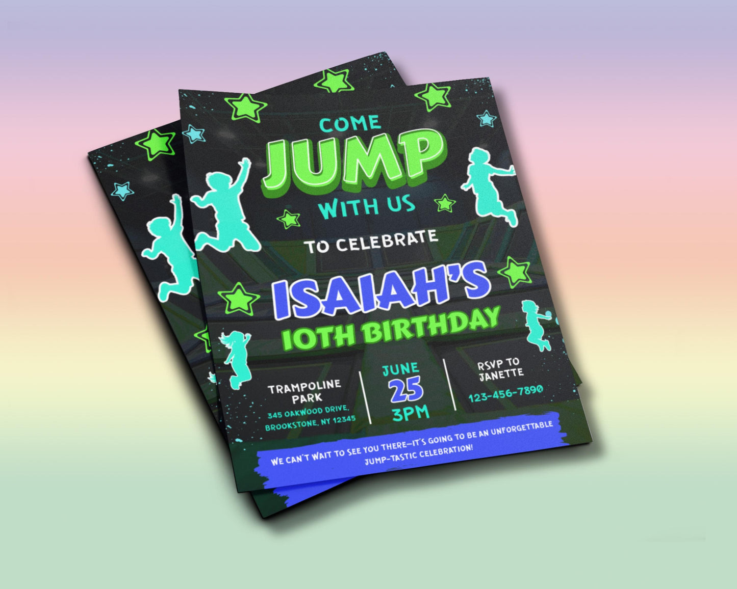 trampoline park
birthday party
jump!
bounce
celebration
kids birthday
youth party
active party
sports party
fun & games
energy
excitement
unforgettable
jump-tastic
flyer
invitation
invite
colorful
vibrant
dynamic
modern
graphic design
illustrations 
come jump with us
join the fun!