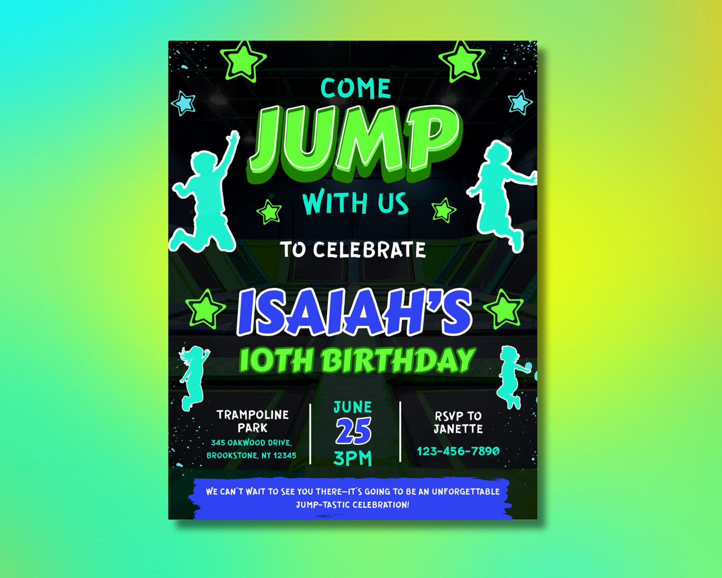 trampoline park
birthday party
jump!
bounce
celebration
kids birthday
youth party
active party
sports party
fun & games
energy
excitement
unforgettable
jump-tastic
flyer
invitation
invite
colorful
vibrant
dynamic
modern
graphic design
illustrations 
come jump with us
join the fun!