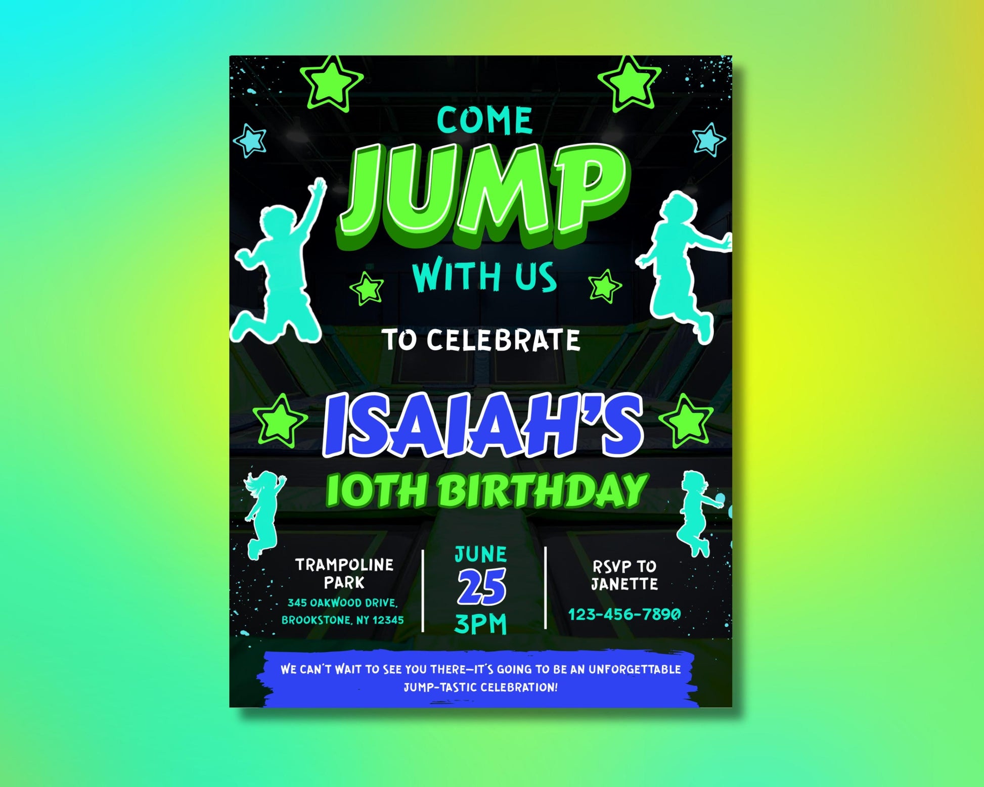 Trampoline Park
Birthday Party
Jump!
Bounce
Celebration
Kids Birthday
Youth Party
Active Party
Sports Party
Fun & Games
Energy
Excitement
Unforgettable
Jump-tastic
Flyer
Invitation
Invite
Colorful
Vibrant
Dynamic
Modern
Graphic Design
Illustrations 
Come Jump With Us
Join the Fun!