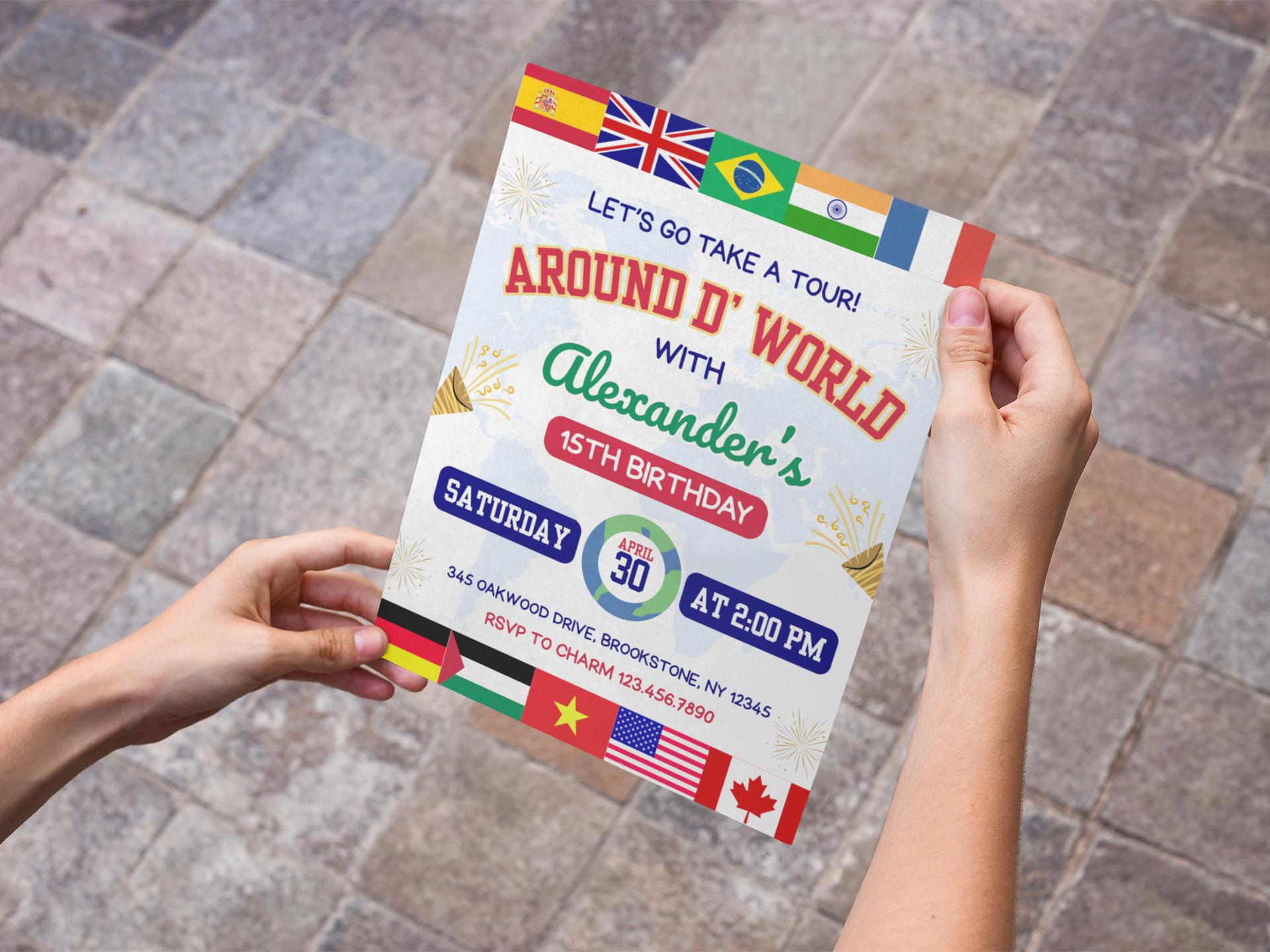 Around the World
World Tour
Travel Theme
Adventure
Exploration
Global Celebration
International Party
Destination Party
Cultural Celebration
Birthday Invitation
Birthday Party
Celebration
Party Invite
Invitation Template
Printable Invitation
Digital Invitation
Passport Invitation
Map Background
World Map
Flags
Suitcase
Globe
Airplane
Vintage Travel
Modern Travel
Illustrated
Graphic Design
Customizable
Kids Birthday
Teen Birthday
Adult Birthday