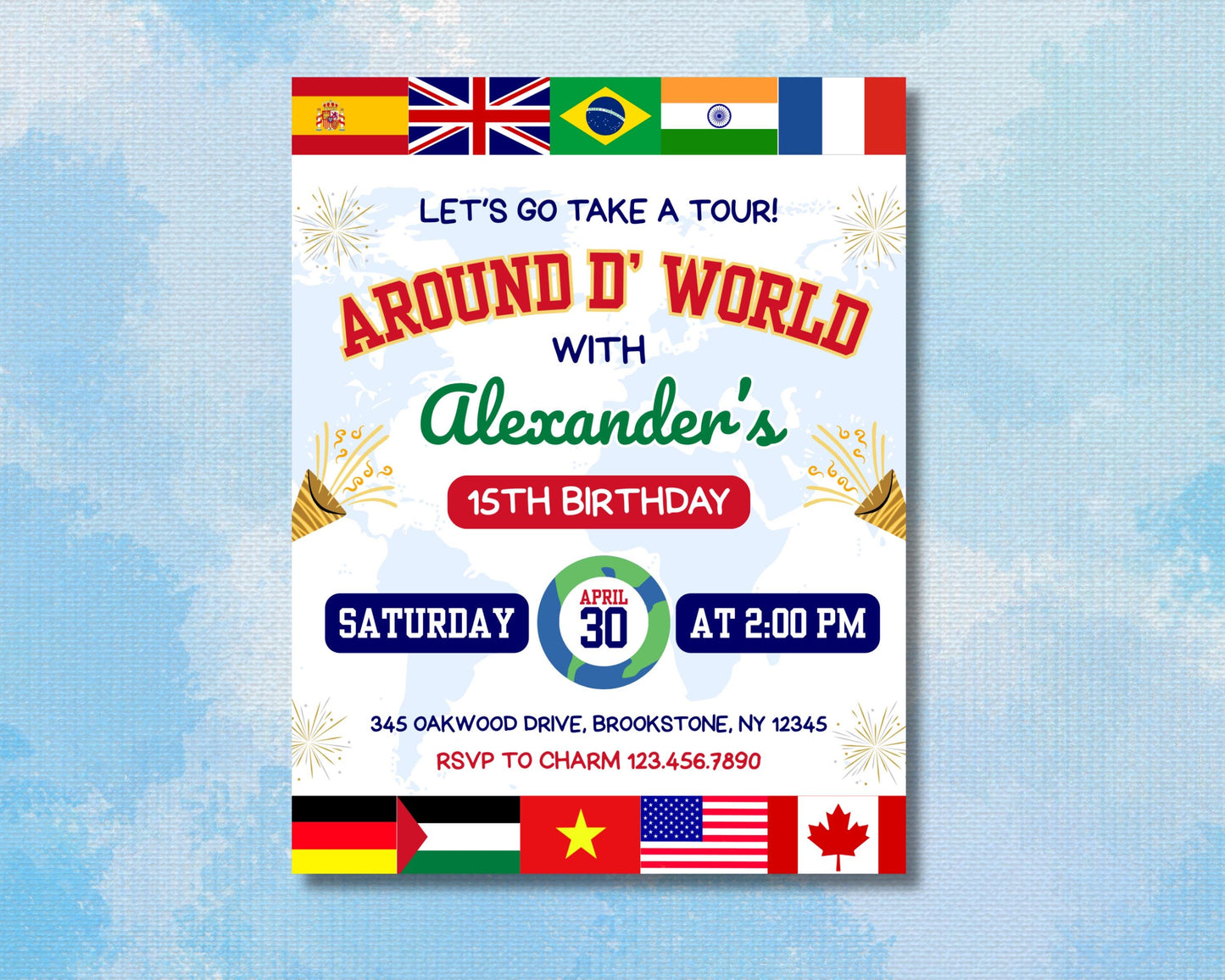 around the world
world tour
travel theme
adventure
exploration
global celebration
international party
destination party
cultural celebration
birthday invitation
birthday party
celebration
party invite
invitation template
printable invitation
digital invitation
passport invitation
map background
world map
flags
suitcase
globe
airplane
vintage travel
modern travel
illustrated
graphic design
customizable
kids birthday
teen birthday
adult birthday