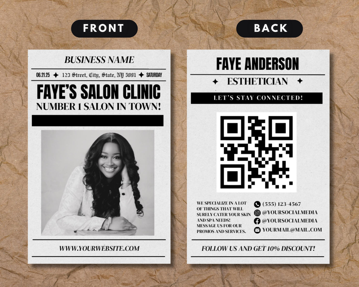 newspaper business card, diy canva digital template design, new business booking announcement, premade business card for business launch