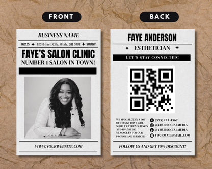 Newspaper Business Card, DIY Canva Digital Template Design, New Business Booking Announcement, Premade Business Card For Business Launch