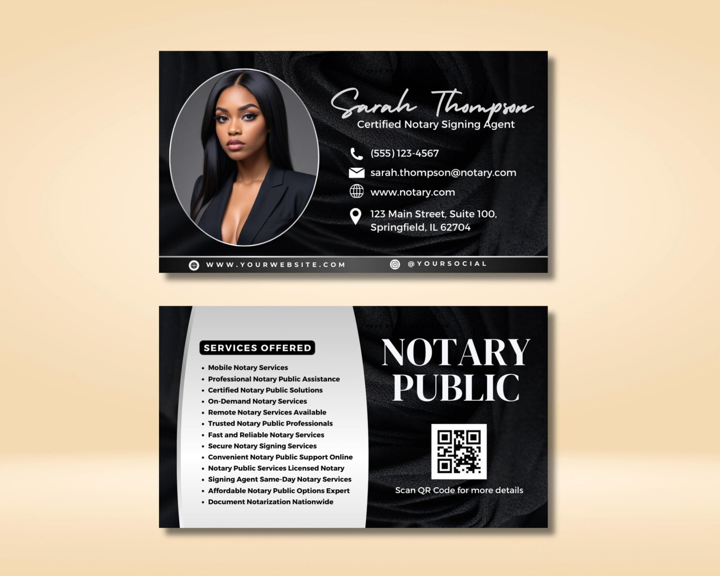 notary public
notary signing agent
business card
professional
modern
elegant
black and white
photo
contact information
services
mobile notary services
professional notary public assistance
certified notary public solutions
on-demand notary services
trusted notary public professionals
fast and reliable notary services
secure notary signing services
convenient notary public support online
notary public services licensed notary
signing agent same-day notary service
affordable notary public options