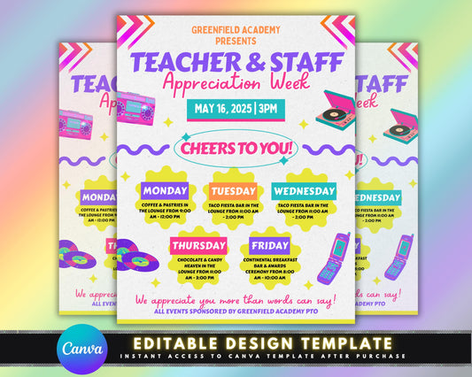 Teacher Appreciation Week
Staff Appreciation Week
School Event
Afterschool Party
School Celebration
Coffee & Pastries
Taco Fiesta Bar
Chocolate & Candy Heaven
Continental Breakfast Bar
Awards Ceremony
Lounge
Appreciation
School Event
PTO 
Educators
School Employees
Faculty
Administration
Colorful
Festive
Fun
Modern
Simple
Illustrated
Graphic