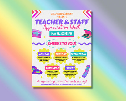 Teacher Appreciation Week
Staff Appreciation Week
School Event
Afterschool Party
School Celebration
Coffee & Pastries
Taco Fiesta Bar
Chocolate & Candy Heaven
Continental Breakfast Bar
Awards Ceremony
Lounge
Appreciation
School Event
PTO 
Educators
School Employees
Faculty
Administration
Colorful
Festive
Fun
Modern
Simple
Illustrated
Graphic