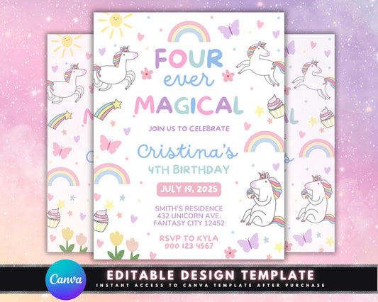 Unicorn Birthday
4th Birthday Invitation
Girl Birthday Invite
Magical Birthday
Rainbow Birthday
Fantasy Birthday
Digital Invitation
Printable Invitation
Party Invitation
Kids Birthday Party
Unicorn Party
Rainbow Party
Pastel Colors
Butterflies
Stars
Cupcakes
Magical Theme
Fantasy Theme
Whimsical Birthday
Cute Birthday Invite
Colorful Invitation
Girly Birthday Party
Enchanted Birthday
Playful Design