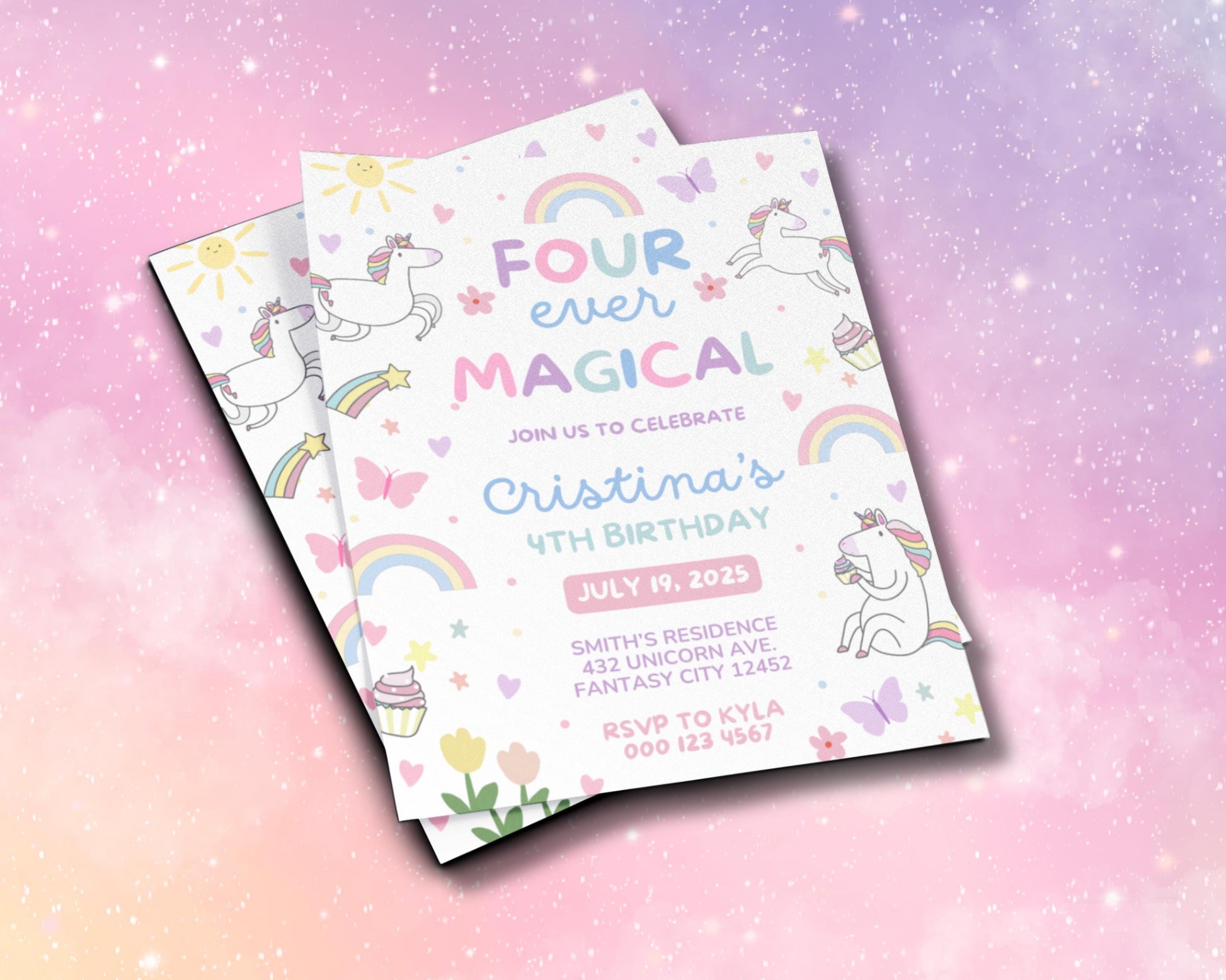 Unicorn Birthday
4th Birthday Invitation
Girl Birthday Invite
Magical Birthday
Rainbow Birthday
Fantasy Birthday
Digital Invitation
Printable Invitation
Party Invitation
Kids Birthday Party
Unicorn Party
Rainbow Party
Pastel Colors
Butterflies
Stars
Cupcakes
Magical Theme
Fantasy Theme
Whimsical Birthday
Cute Birthday Invite
Colorful Invitation
Girly Birthday Party
Enchanted Birthday
Playful Design