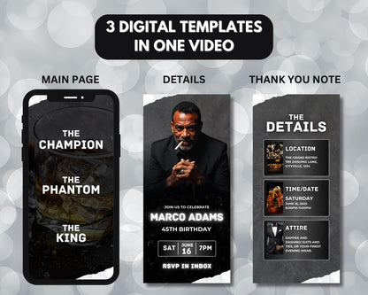 Animated Invitation
Video Invitation
Birthday Invitation
Mens Birthday
Masculine Invitation
Elegant Invitation
Sophisticated Invitation
Dark Theme Invitation
Black and Gold Invitation
Whiskey Theme
Cigar Theme
Party Invitation
Digital Invitation
Mobile Invitation
Customizable Invitation
Editable Text
Upload Song
Shareable Invitation
45th Birthday
Saturday Event
June Event