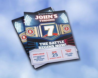 Birthday
Party
Invitation
Celebration
Event
Kids Party
Themed Party
Wrestling Theme
Sports theme
Boxing
Fight
Battle
Rumble
Ring
Championship Belt
Sports
Action
Competition
Graphic Invitation
Bold Design
Blue and Gold
Stadium Lights
Large Text
Number Seven
Get Ready to Rumble!
The Battle Begins Now!
