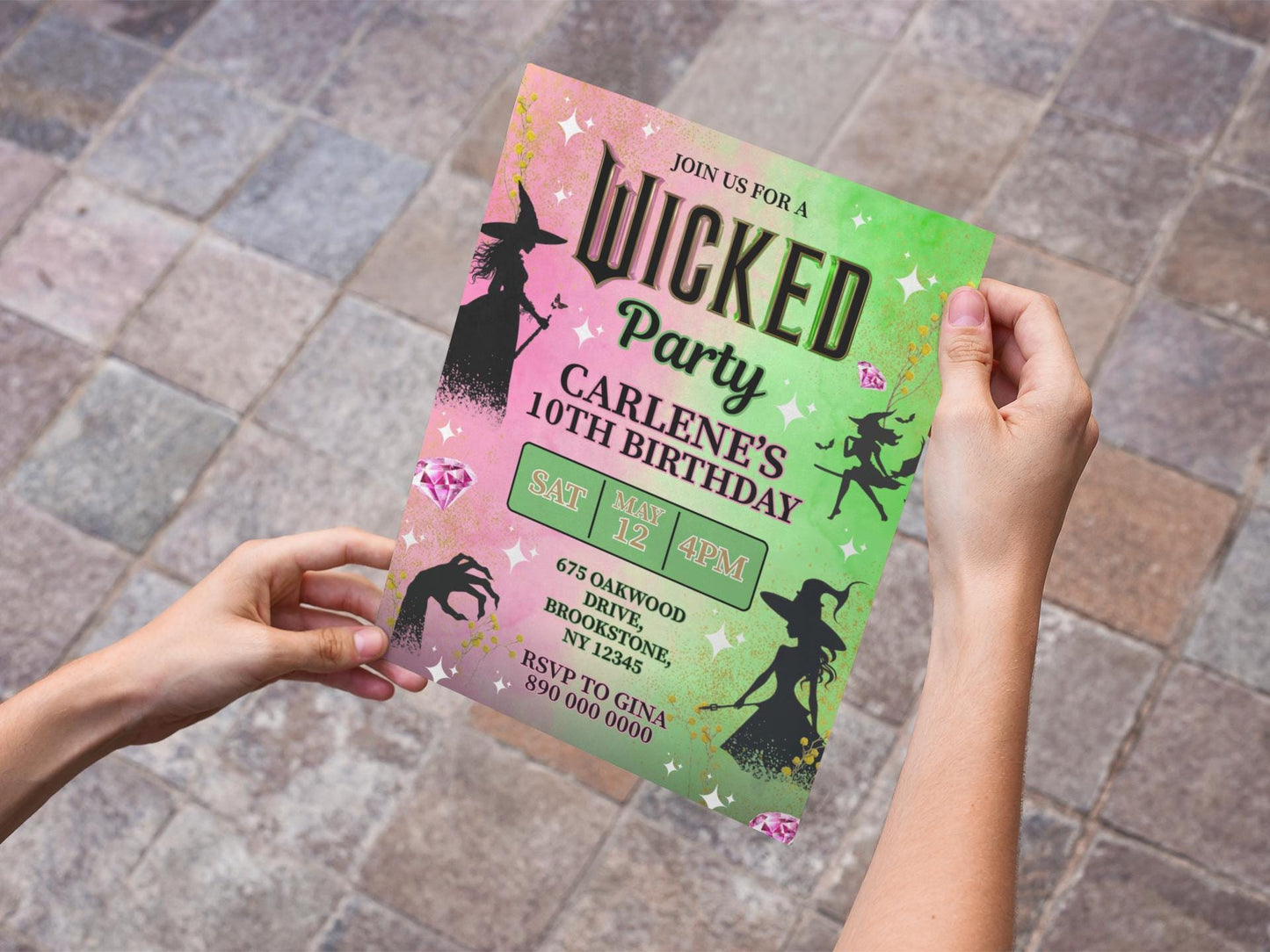 wicked birthday party invitation, diy flyer template design, wicked movie inspired bday, elphaba glinda invite, premade magical theme evite
