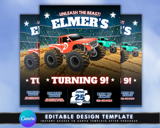 Monster Truck Birthday Invitation, Sports Theme Party, DIY Flyer Template Design, Big Wheels Kids Party Invite, Premade Boys Big Truck Bday