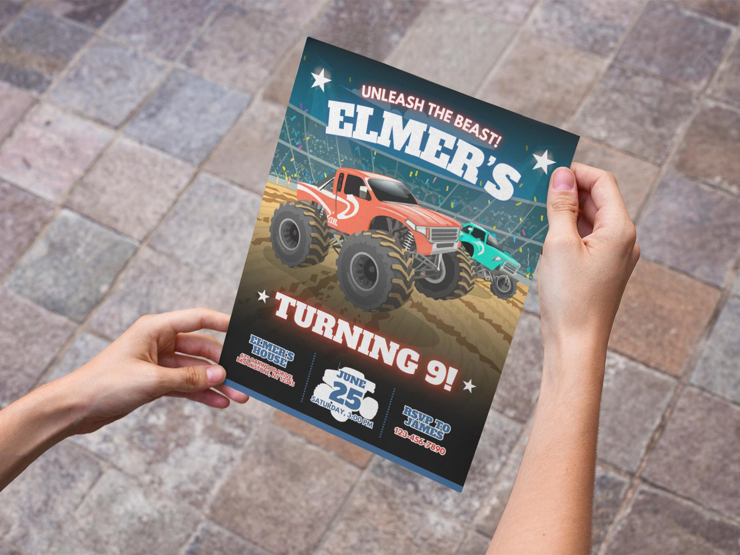monster truck birthday invitation, sports theme party, diy flyer template design, big wheels kids party invite, premade boys big truck bday