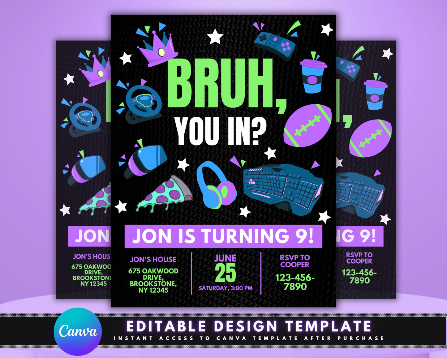 bruh, you in? birthday party invitation, diy flyer template design, gaming, basketball, pizza, and music-themed, premade teen's bday invite