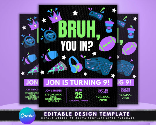 Bruh, You In? Birthday Party Invitation, DIY Flyer Template Design, Gaming, Basketball, Pizza, and Music-Themed, Premade Teen's Bday Invite
