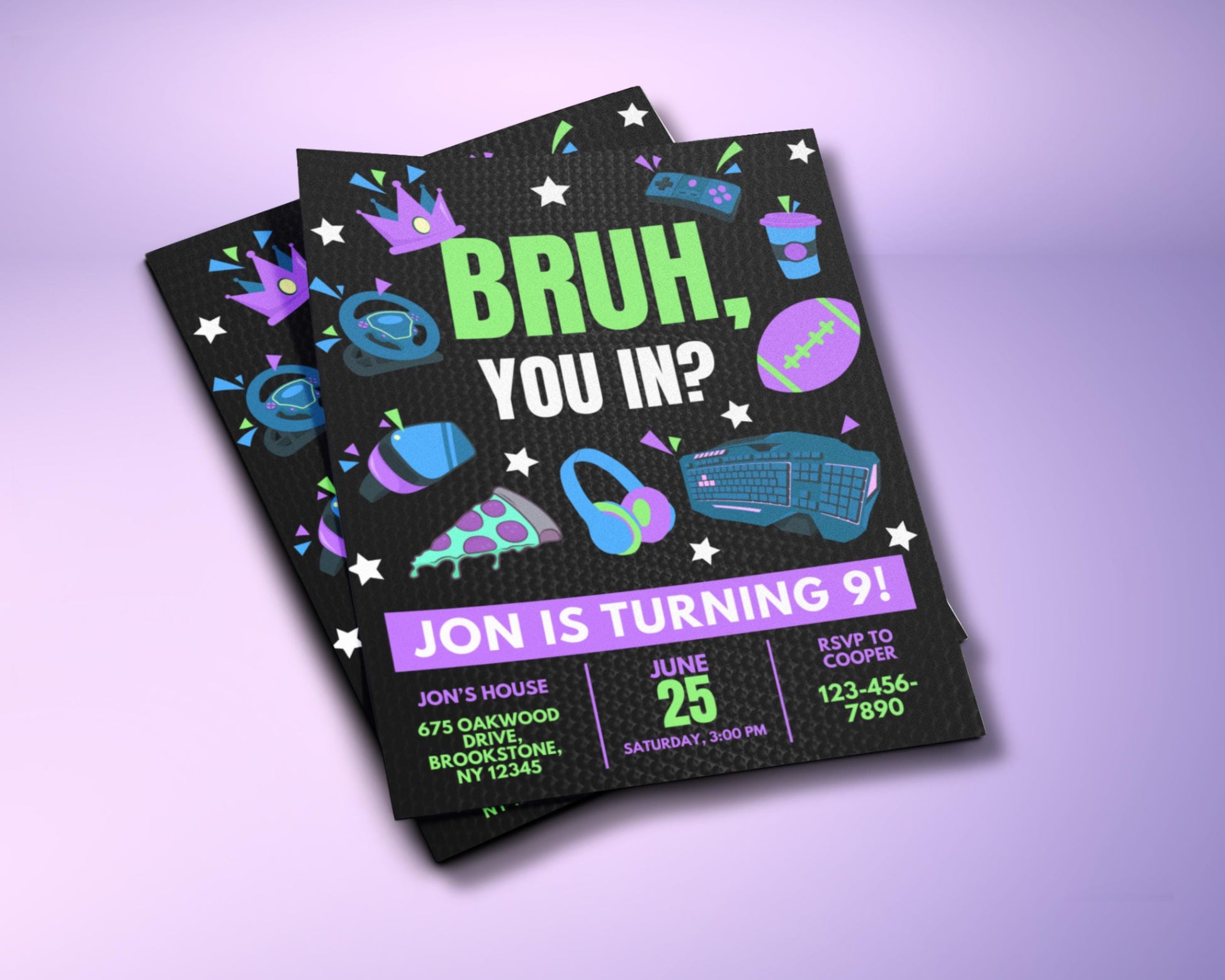 Bruh, You In? Birthday Party Invitation, DIY Flyer Template Design, Gaming, Basketball, Pizza, and Music-Themed, Premade Teen's Bday Invite