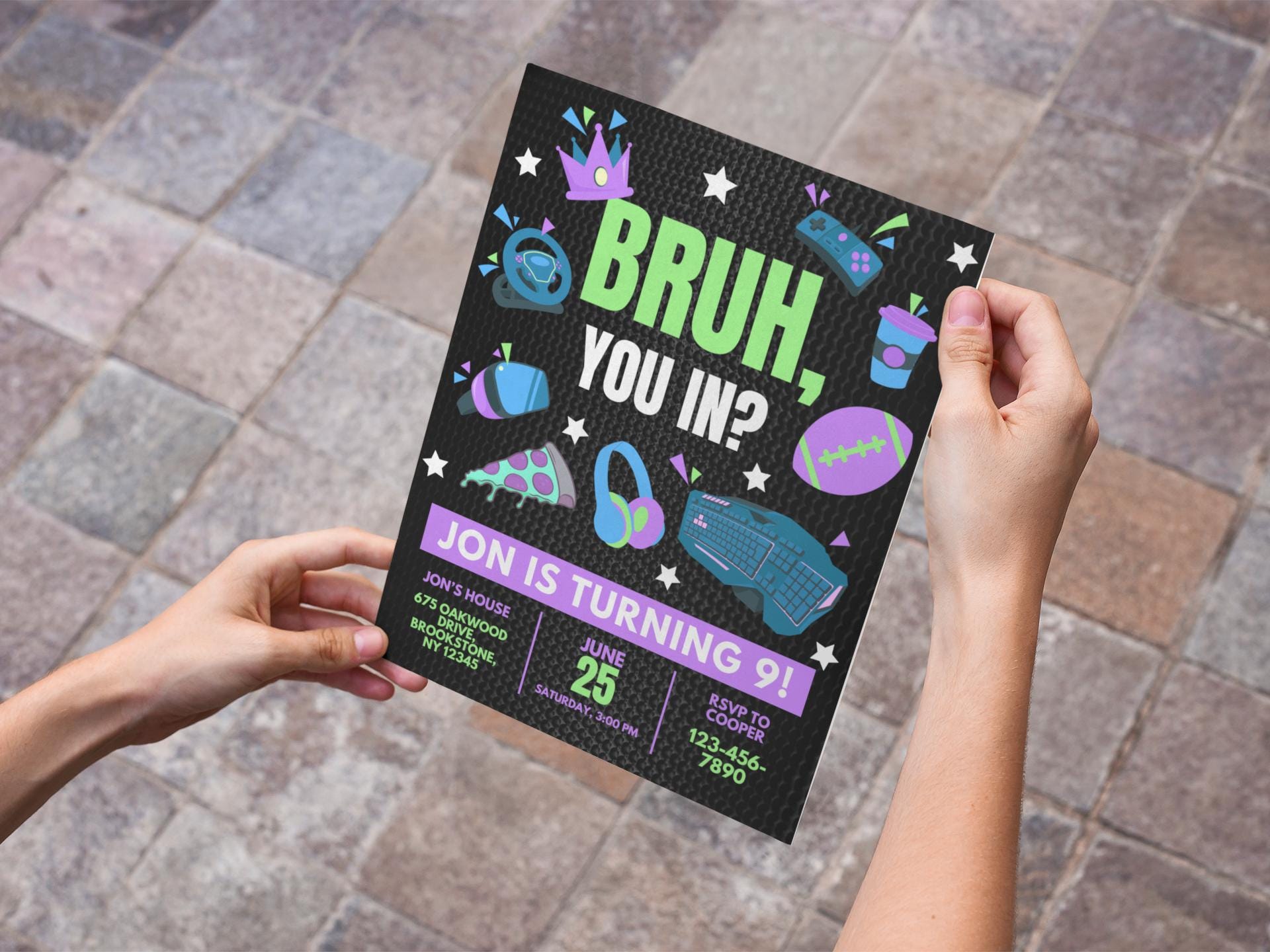 Bruh, You In? Birthday Party Invitation, DIY Flyer Template Design, Gaming, Basketball, Pizza, and Music-Themed, Premade Teen's Bday Invite