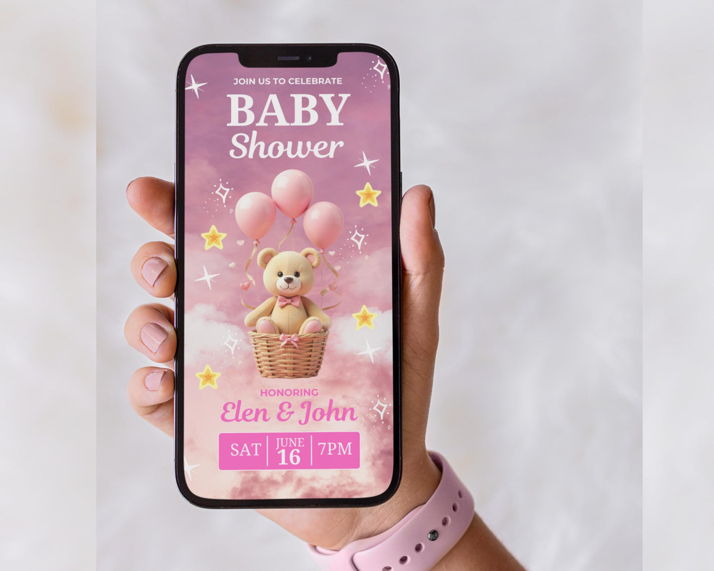 animated baby shower invitation, diy template design, pink baby shower video announcement invite, premade teddy bear phone digital invite