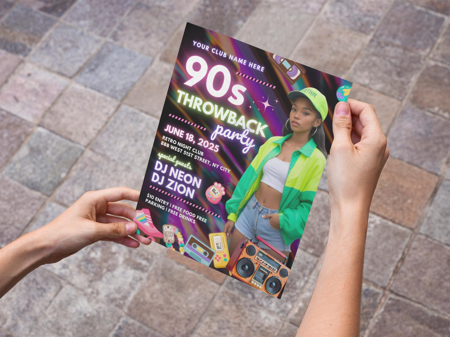 90s throwback party invitation flyer, diy flyer template design, retro birthday party, back to the 90s, premade 90s theme old school party