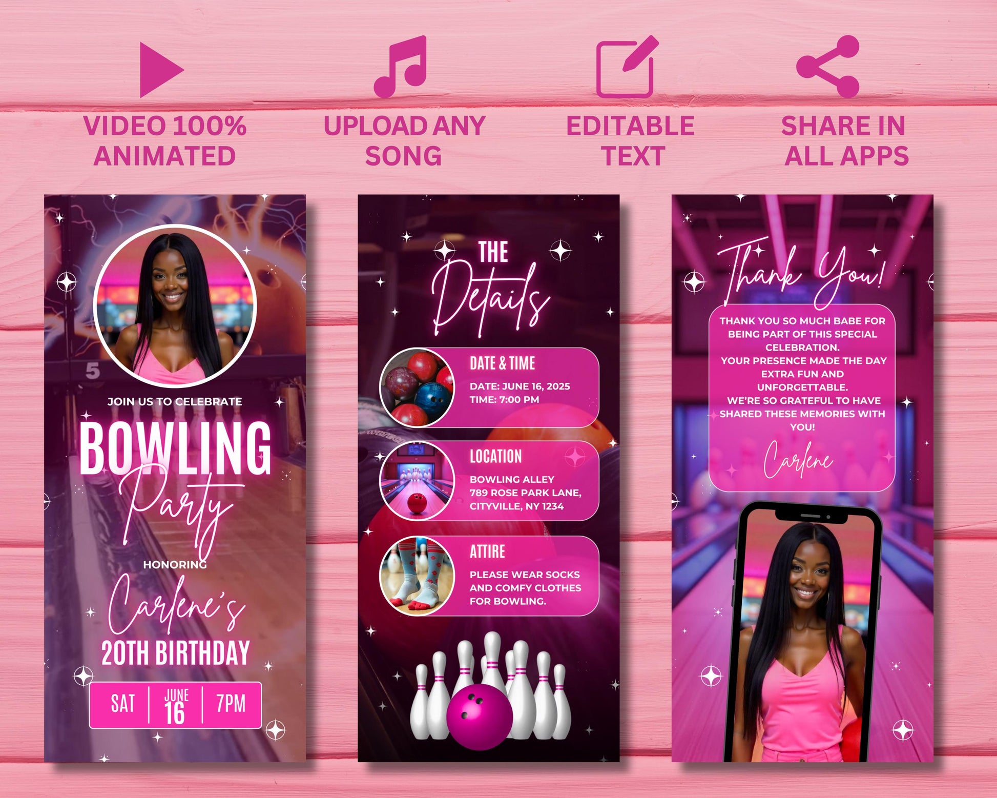 Bowling Party
Birthday Invitation
Animated Invite
Digital Invitation
Evite Template
Video Invitation
Pink Birthday
Girls Birthday
Adult Birthday
Party Evite
Mobile Invitation
Sports Party
Strike Party
Custom Invitation
Bowling party invitation
Animated bowling invite
Digital birthday invitation
Editable party template
Video invitation for bowling
Electronic bowling evite
Mobile invitation
Pink bowling party
Girls birthday invitation
Adult birthday party
Birthday evite