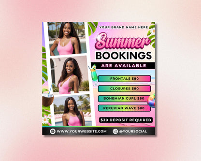 Summer Flyer
Booking Flyer
Raffle Flyer
Beauty Flyer
Hair Flyer
Salon Flyer
Summer Sale
Promotion Flyer
Event Flyer
Social Media Post
Flyer Template
Canva Template
Bundle Template
Hair Extensions
Frontals
Closures
Bohemian Curl
Peruvian Wave
Hair Appointment
Book Now
$30 Deposit
Summer Hair
Beauty Salon
Hair Stylist
Raffle Ticket
Summer Vibes
Lucky Winners
Raffle Treats
Discount Raffle
Summer Booking Flyer
Hair Extension Flyer
Beauty Salon Template
Summer Raffle Flyer
Small Business Flyer