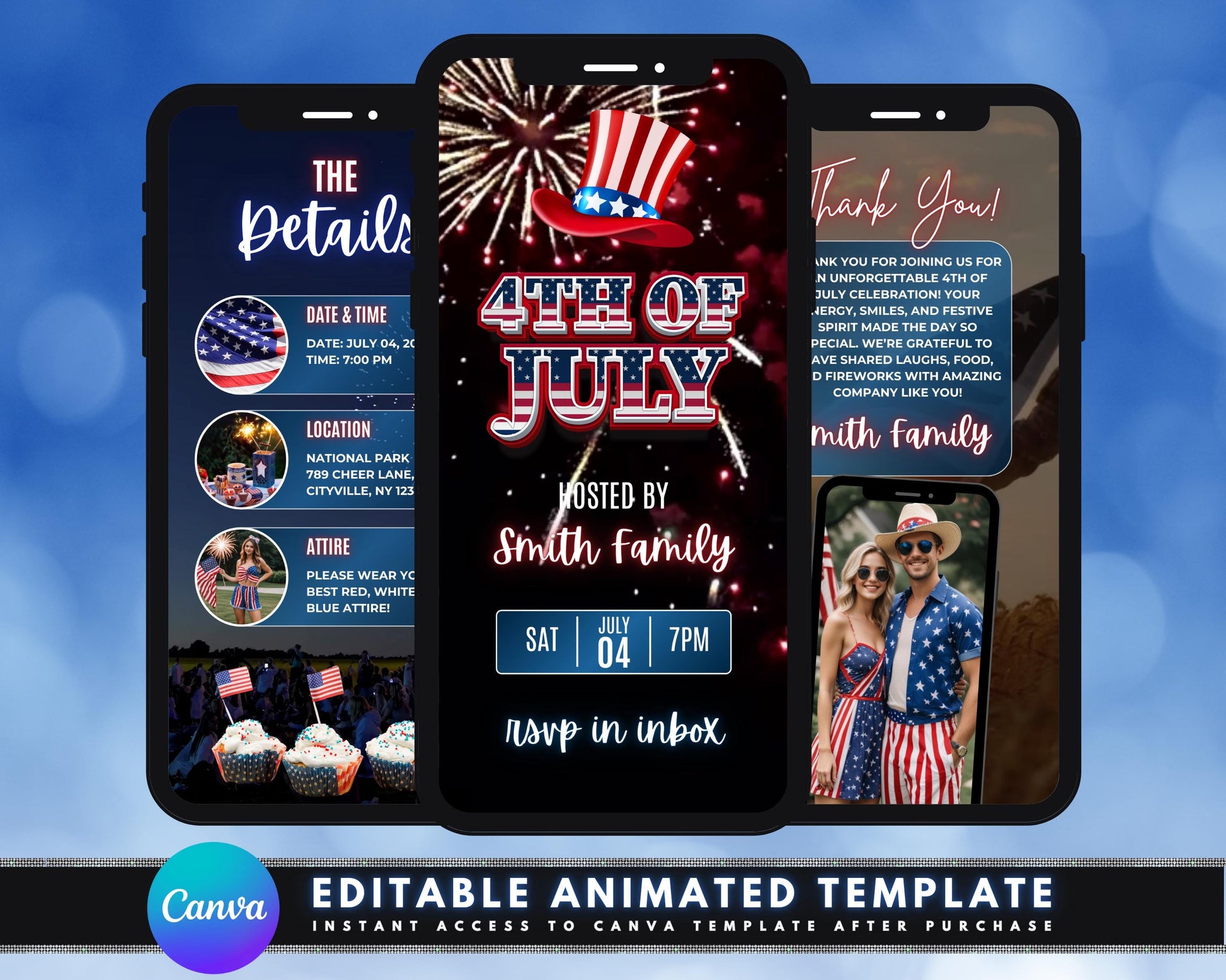 4th of July
Independence Day
Animated Invite
Digital Invitation
Video Invitation
July 4th Party
Patriotic Party
BBQ Invitation
Editable Template
Corjl Template
July 4th holiday
Summer gathering
National holiday party
Evite Template
Red White Blue
Fireworks Party
American Party
Family Celebration
Mobile Invitation
Text Message Invite
Custom Invitation
Downloadable
Summer Party
Thank You Card
Stars Stripes
Fireworks animation
Uncle Sam hat