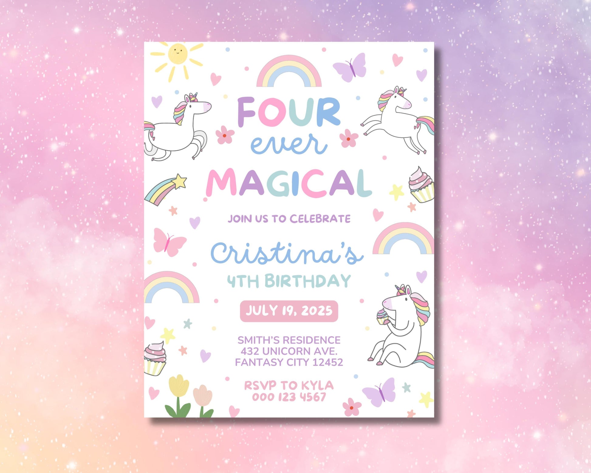 Unicorn Birthday
4th Birthday Invitation
Girl Birthday Invite
Magical Birthday
Rainbow Birthday
Fantasy Birthday
Digital Invitation
Printable Invitation
Party Invitation
Kids Birthday Party
Unicorn Party
Rainbow Party
Pastel Colors
Butterflies
Stars
Cupcakes
Magical Theme
Fantasy Theme
Whimsical Birthday
Cute Birthday Invite
Colorful Invitation
Girly Birthday Party
Enchanted Birthday
Playful Design