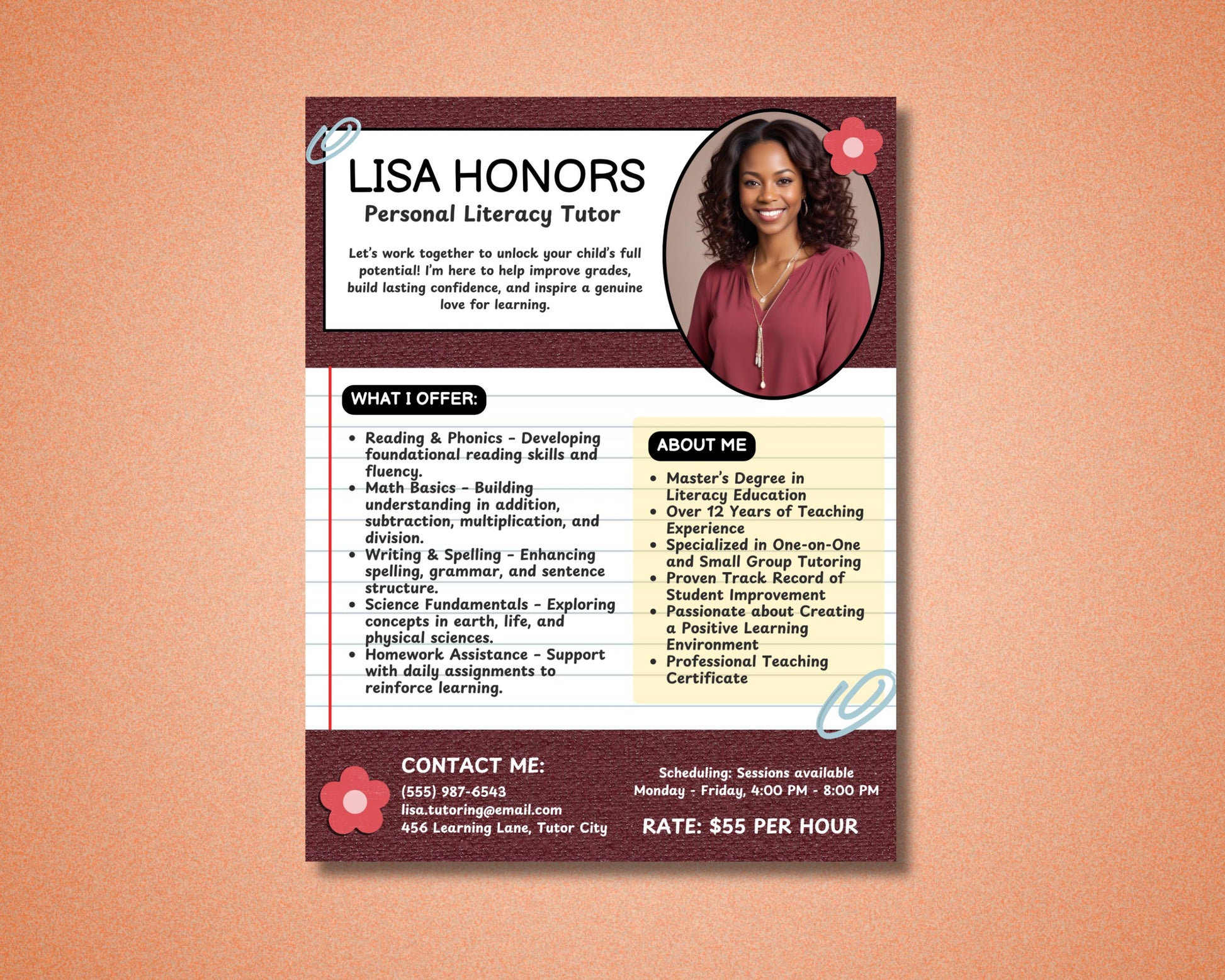Personal Literacy Tutor Services
Literacy Support
Individualized
Reading Comprehension
Phonics
Writing Skills
Progress Updates
One-on-One Tutoring
Small Group Tutoring
Positive Learning Environment
Teaching Experience
Academic Support
Educational Services
Homework Help
Test Preparation
Subject Tutoring
Learning Assistance
Child Education
Elementary School
Middle School
High School
Personalized Learning
Experienced Tutor
Certified Teacher
Affordable Tutoring
Flexible Scheduling
Online Tutoring