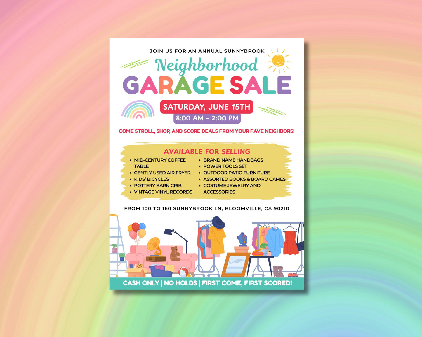 garage sale flyer
yard sale sign
neighborhood sale
community sale
sale flyer
printable sign
event flyer
fundraiser
vintage finds
kids items
furniture sale
books and games
clothing sale
tools for sale
handbags
jewelry
vinyl records
outdoor items
colorful flyer
fun design
cheerful sign
retro vibe
community event
garage sale flyer template
yard sale sign printable
neighborhood garage sale
community yard sale
vintage garage sale
kids items sale sign
furniture sale flyer
yard sale list