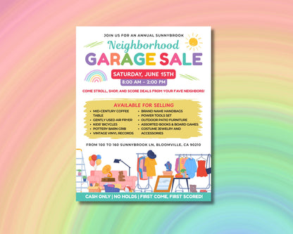Garage Sale Flyer
Yard Sale Sign
Neighborhood Sale
Community Sale
Sale Flyer
Printable Sign
Event Flyer
Fundraiser
Vintage Finds
Kids Items
Furniture Sale
Books and Games
Clothing Sale
Tools for Sale
Handbags
Jewelry
Vinyl Records
Outdoor Items
Colorful Flyer
Fun Design
Cheerful Sign
Retro Vibe
Community Event
Garage Sale Flyer Template
Yard Sale Sign Printable
Neighborhood Garage Sale
Community Yard Sale
Vintage Garage Sale
Kids Items Sale Sign
Furniture Sale Flyer
Yard Sale List