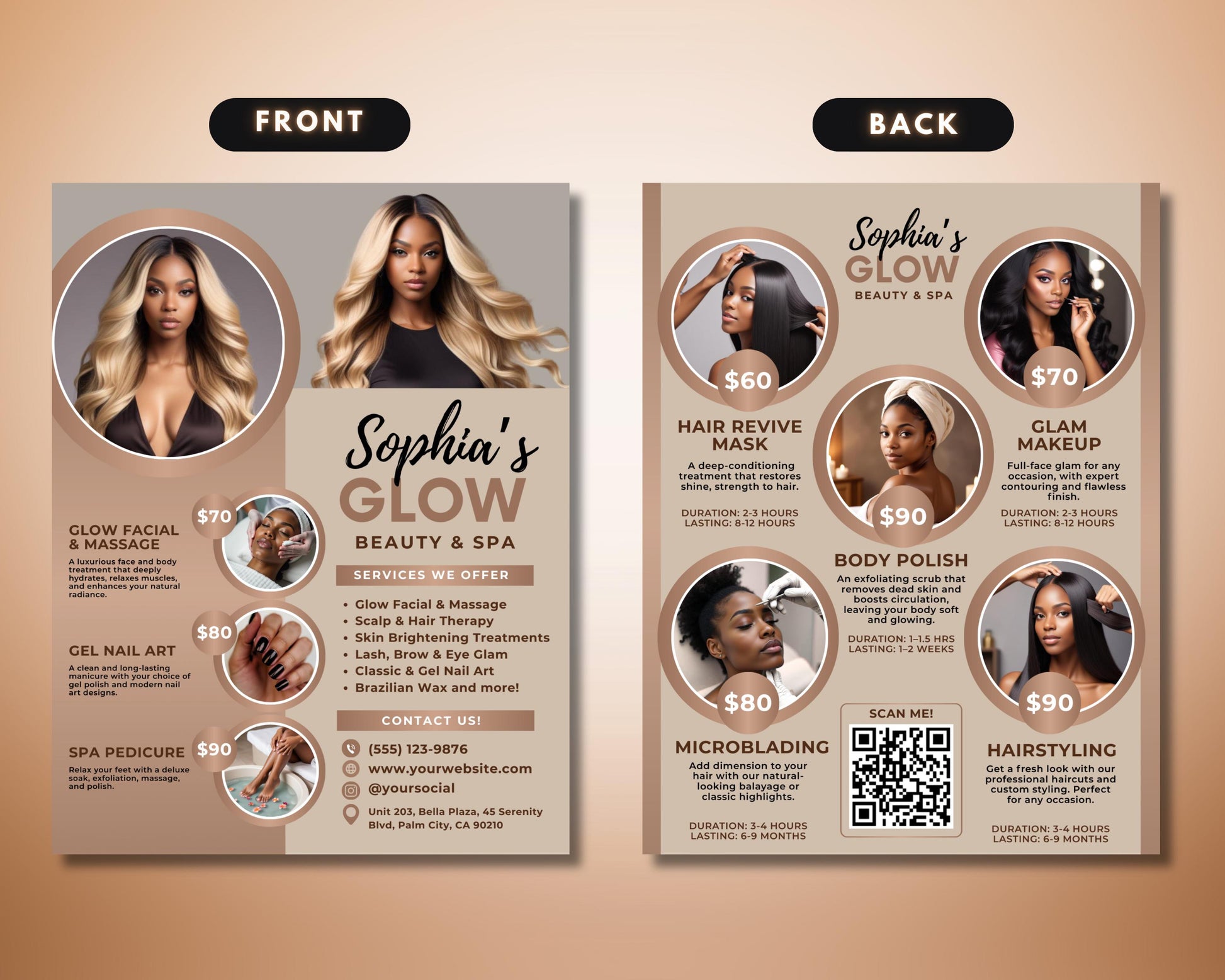 Beauty Salon Flyer
Spa Services Template
Esthetician Marketing
Beauty Business Card
Salon Price List
Skincare Flyer
Hair Salon Flyer
Makeup Artist Ad
Beauty Promotion
Glow Facial & Massage
Scalp & Hair Therapy
Skin Brightening
Brow & Eye Glam
Classic & Gel Nails
Brazilian Wax
Hair Revive Mask
Body Polish
Microblading
Hairstyling
Glam Makeup
Beauty Salon Price List
Spa Services Marketing
Facial Service Flyer
Nail Salon Business Card
Waxing Service Menu
Glam Makeup Pricing
Hair Styling Promotion