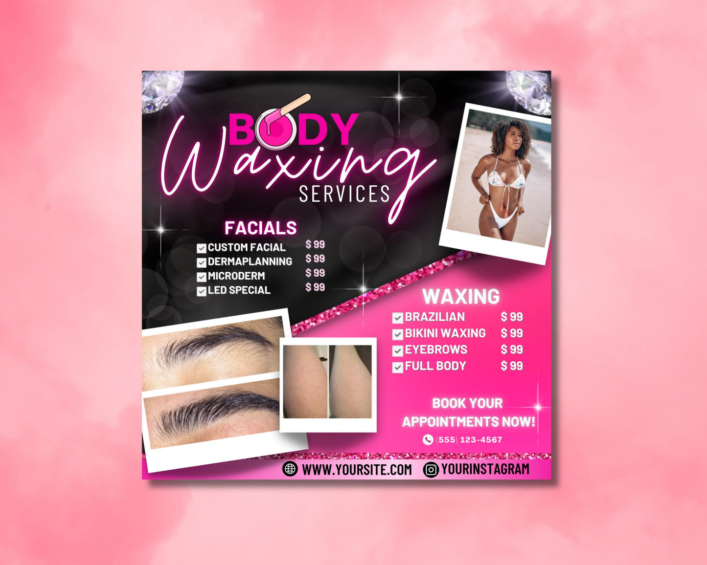waxing services
body waxing
beauty salon
price list
service menu
esthetician
brazilian wax
bikini wax
eyebrow wax
full body wax
facials
dermaplaning
microderm
led special
digital download
editable template
pink black
small business
beauty business
instant download
canva template
spa services
professional
waxing services flyer
beauty salon price list template
body waxing menu
esthetician marketing material
editable waxing services
bikini waxing services
full body waxing