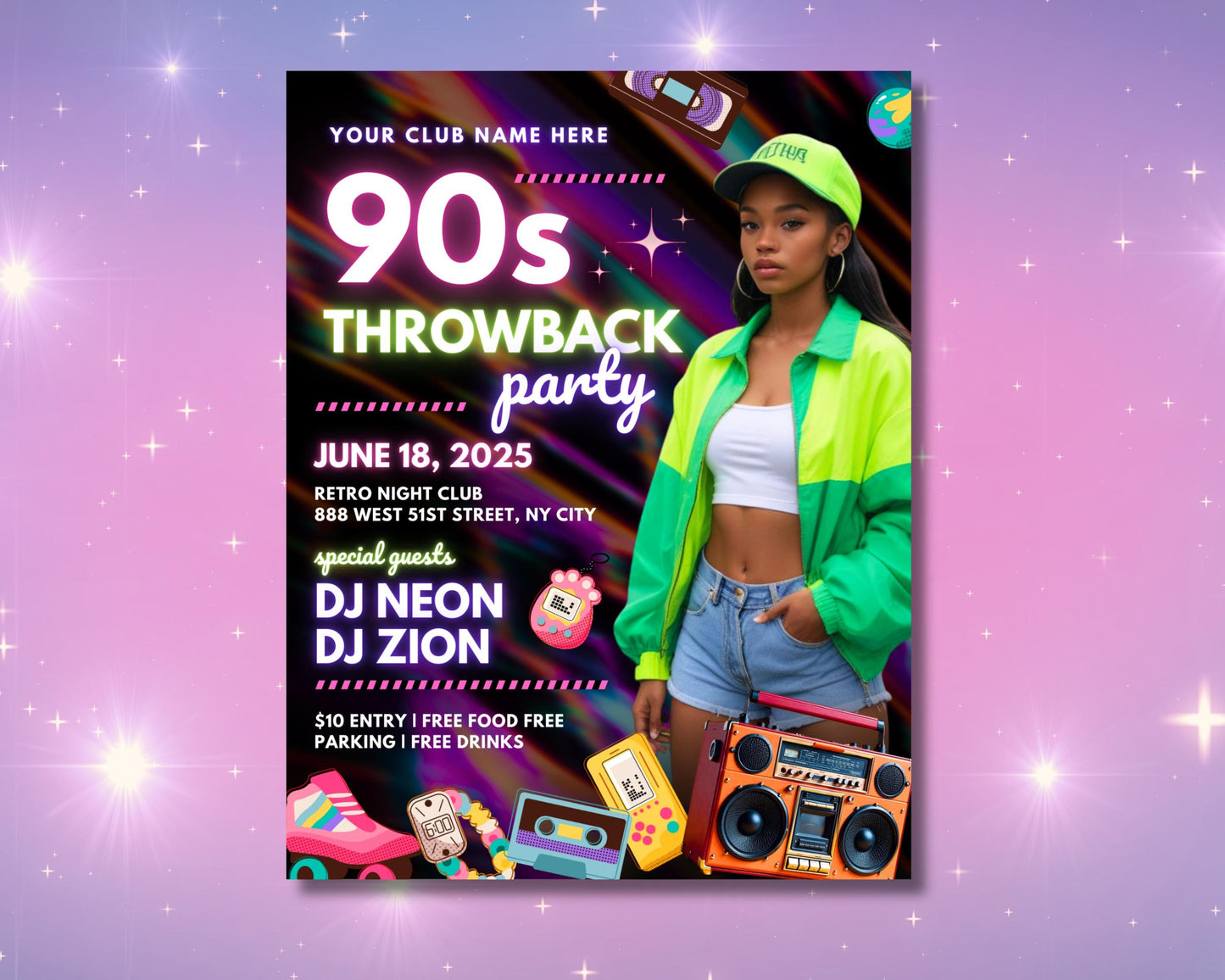 90s throwback party invitation flyer, diy flyer template design, retro birthday party, back to the 90s, premade 90s theme old school party