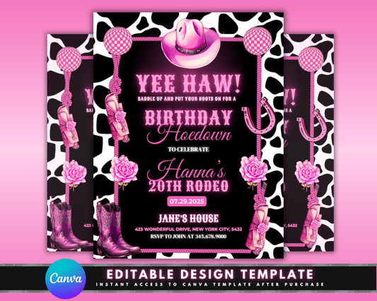 Pink Hoedown
Western Party
Cowgirl Party
Birthday Invitation
Rodeo Party
Barn Dance
Digital Download
Editable Template
Printable Invite
Adult Birthday
20th Birthday (specific to example)
Yee Haw
Saddle Up
Boots On
Rustic Party
Country Party
Girls Birthday
Custom Invitation
Instant Download
Black Pink
Party Flyer