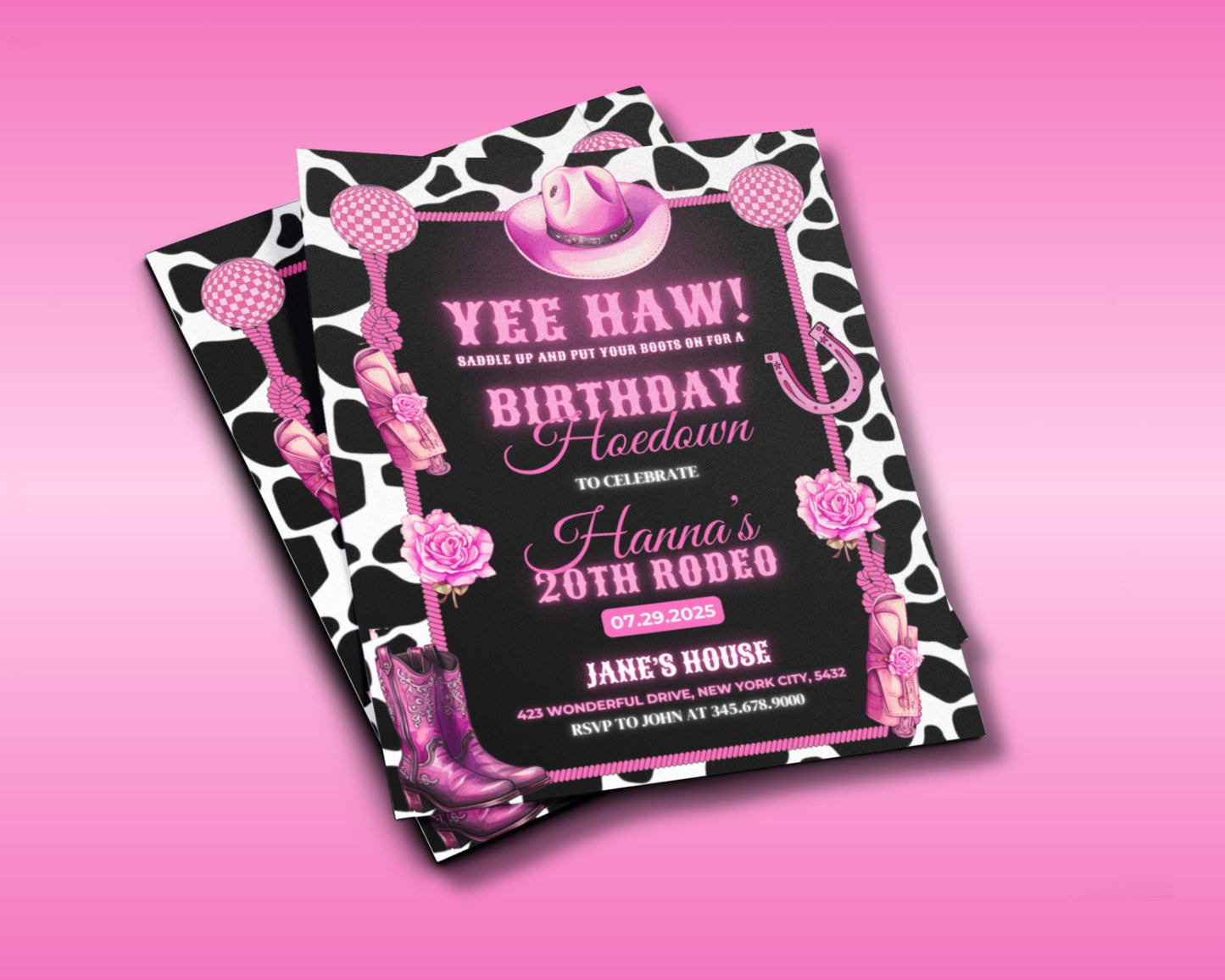 pink hoedown
western party
cowgirl party
birthday invitation
rodeo party
barn dance
digital download
editable template
printable invite
adult birthday
20th birthday (specific to example)
yee haw
saddle up
boots on
rustic party
country party
girls birthday
custom invitation
instant download
black pink
party flyer