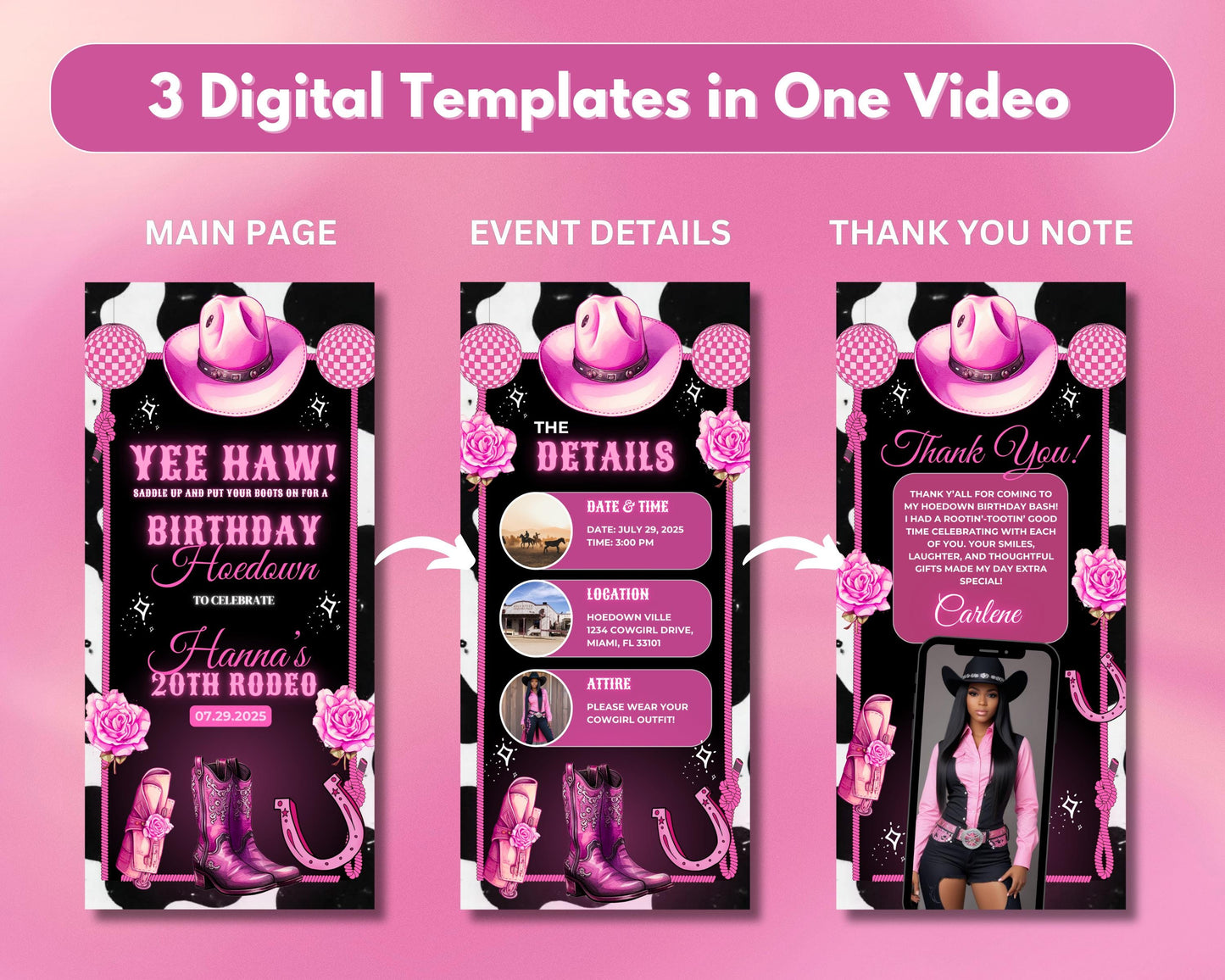 animated pink hoedown invitation, diy template design, wild west video invite, cowboy themed evite, premade country western celebration