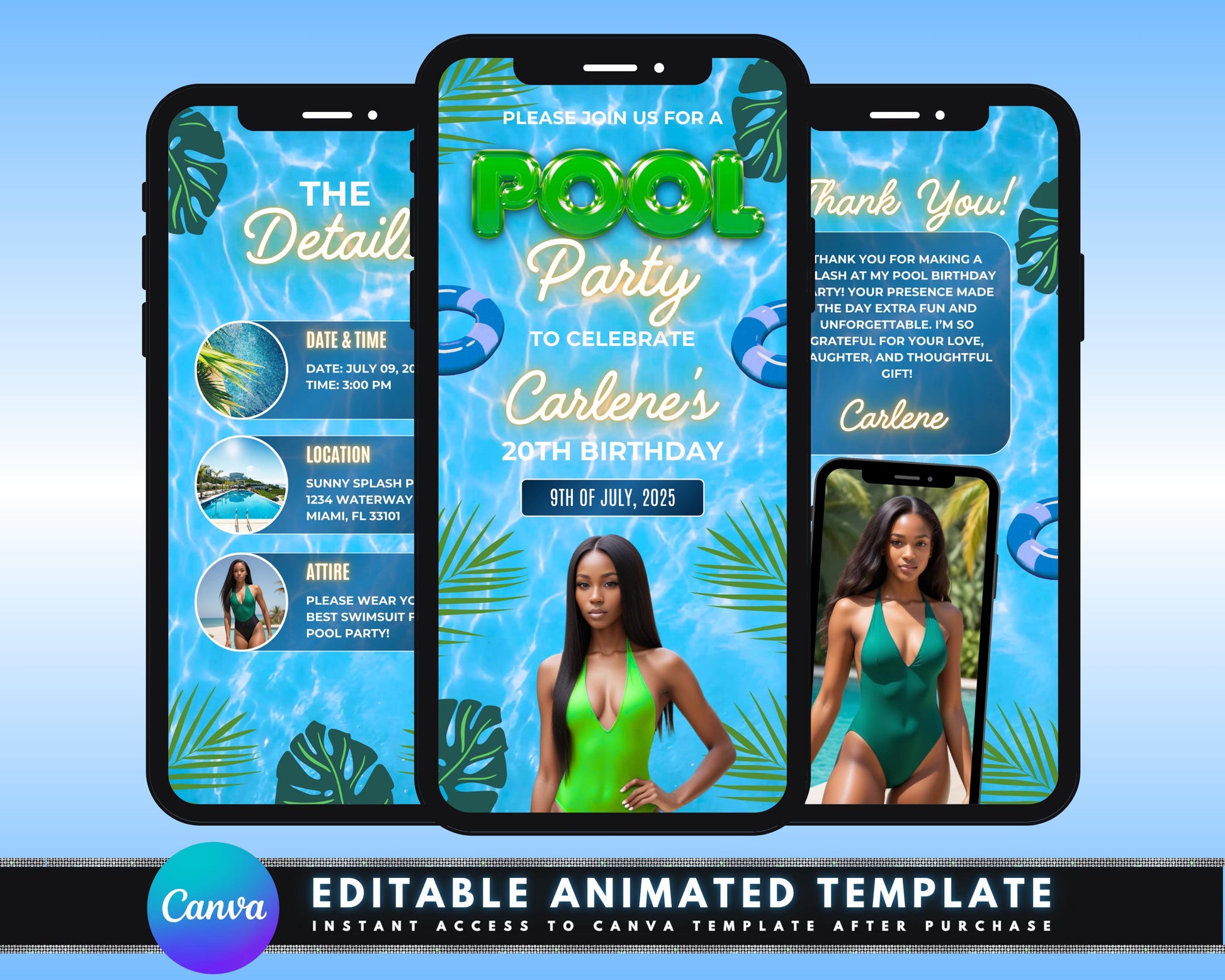 Animated Pool Party Birthday Invitation, DIY Template Design, Pool Party Video Invite, Digital Bday Invite, Premade Swim Party Celebration