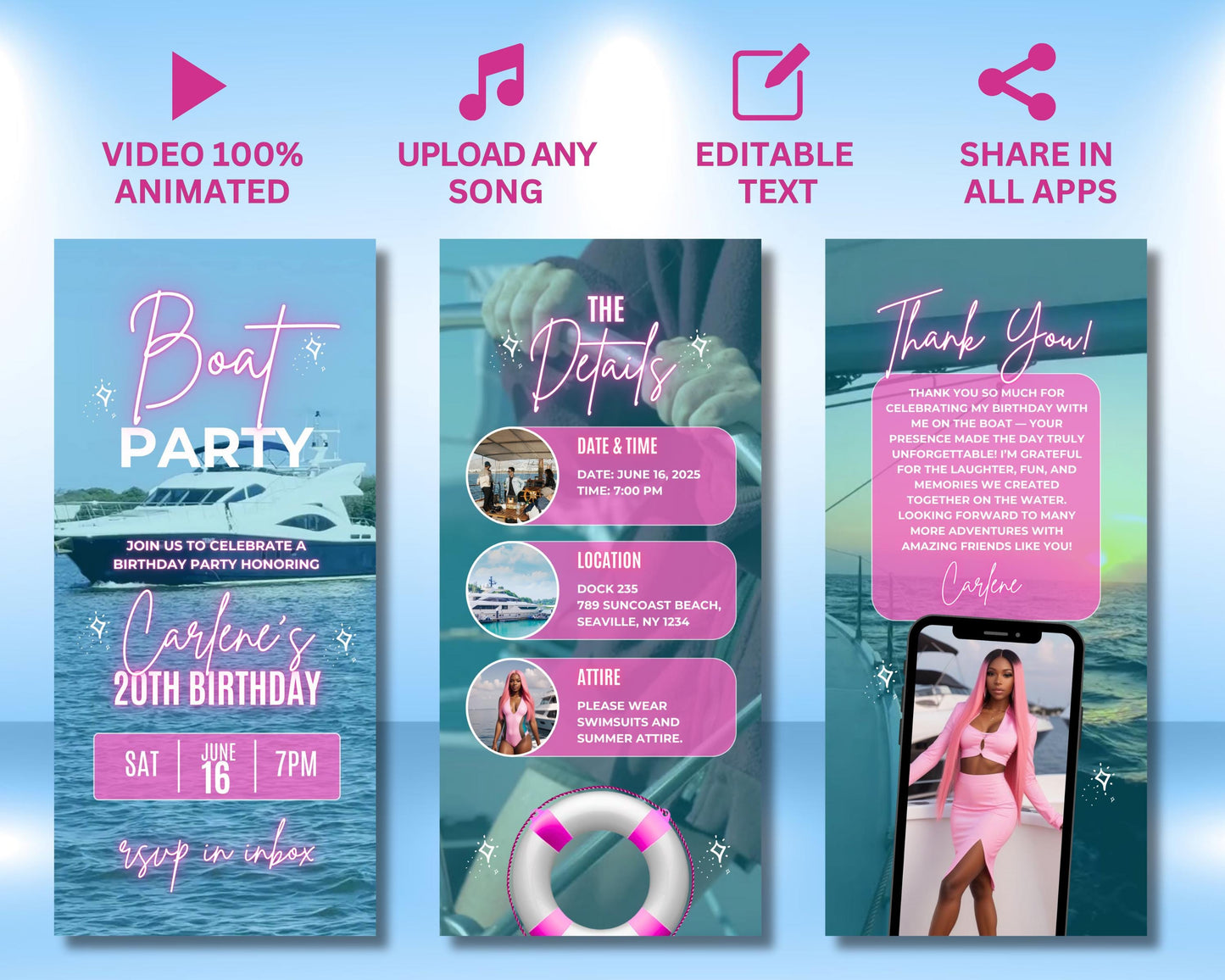 boat party
birthday invitation
yacht party
animated invite
digital invitation
editable template
evite template
video invitation
summer party
adult birthday
party evite
electronic invite
mobile invitation
text message invite
nautical theme
ocean party
cruise party
custom invitation
downloadable
boat party
yacht party
summer gathering
beach party
waterfront event
nautical event