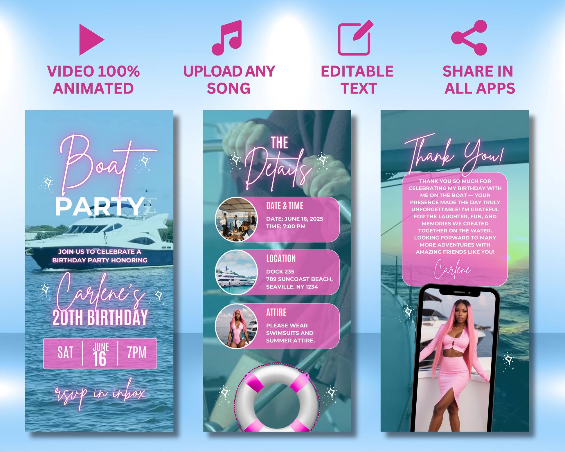 Boat Party
Birthday Invitation
Yacht Party
Animated Invite
Digital Invitation
Editable Template
Evite Template
Video Invitation
Summer Party
Adult Birthday
Party Evite
Electronic Invite
Mobile Invitation
Text Message Invite
Nautical Theme
Ocean Party
Cruise Party
Custom Invitation
Downloadable
Boat Party
Yacht Party
Summer Gathering
Beach Party
Waterfront event
Nautical event