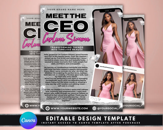 CEO Flyer
Business Flyer
Meet The CEO
Entrepreneurship
Boss Babe
Branding Kit
Marketing Template
Beauty Business
Hair Stylist
MUA Flyer
Esthetician
Skincare Business
Small Business
Event Flyer
Company Intro
Digital Download
Editable Template
Pink Flyer
Women in Business
Meet the CEO flyer
Entrepreneur flyer
CEO spotlight template
Women in business marketing
Beauty business flyer
Hair salon marketing
Makeup artist flyer
Editable CEO flyer
Pink business flyer
Elegant CEO template