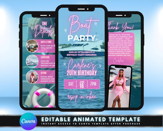 Animated Boat Party Invitation, DIY Template Design, Yacht Party Video Invite, Pink Cruise Summer Boat Party Evite, Premade Summer Event