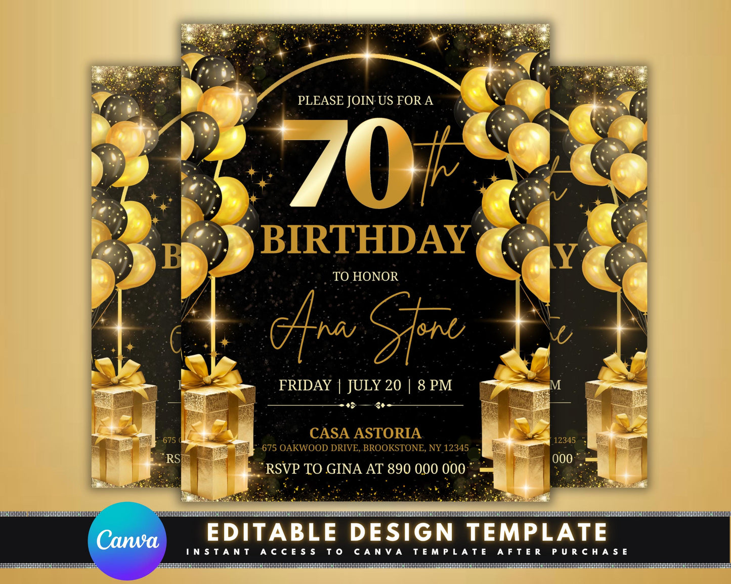 70th birthday
birthday invite
digital invite
black gold party
milestone birthday
editable invite
canva template
printable invite
party invitation
adult birthday
elegant invite
celebration
gold glitter
surprise party
custom invite
event flyer
birthday party
anniversary