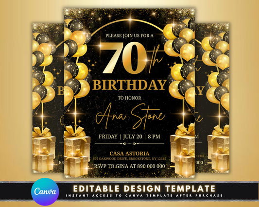 70th Birthday
Birthday Invite
Digital Invite
Black Gold Party
Milestone Birthday
Editable Invite
Canva Template
Printable Invite
Party Invitation
Adult Birthday
Elegant Invite
Celebration
Gold Glitter
Surprise Party
Custom Invite
Event Flyer
Birthday Party
Anniversary