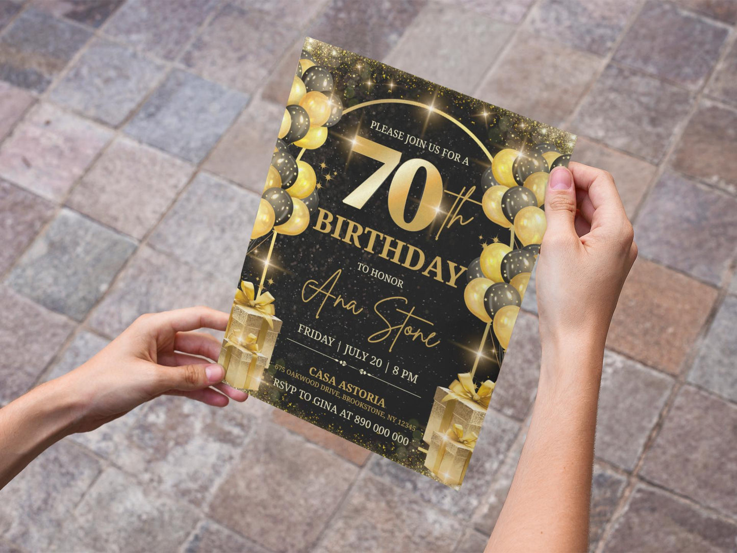 70th birthday
birthday invite
digital invite
black gold party
milestone birthday
editable invite
canva template
printable invite
party invitation
adult birthday
elegant invite
celebration
gold glitter
surprise party
custom invite
event flyer
birthday party
anniversary