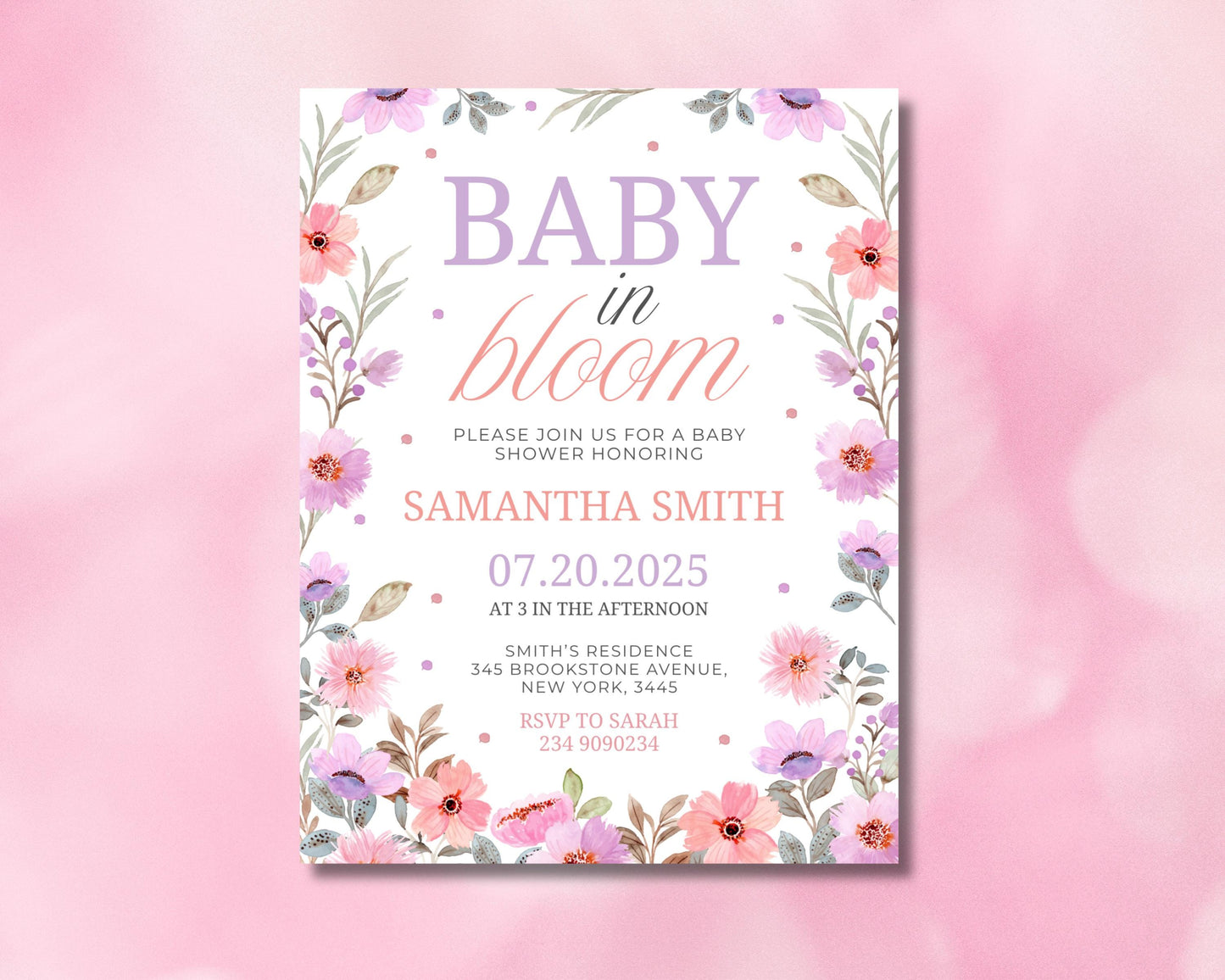 baby in bloom
baby shower
baby shower invite
floral baby shower
girl baby shower
pink purple shower
editable invite
canva template
printable invite
digital invite
spring shower
gender neutral
floral invite
boho baby shower
new baby
baby girl
baby boy