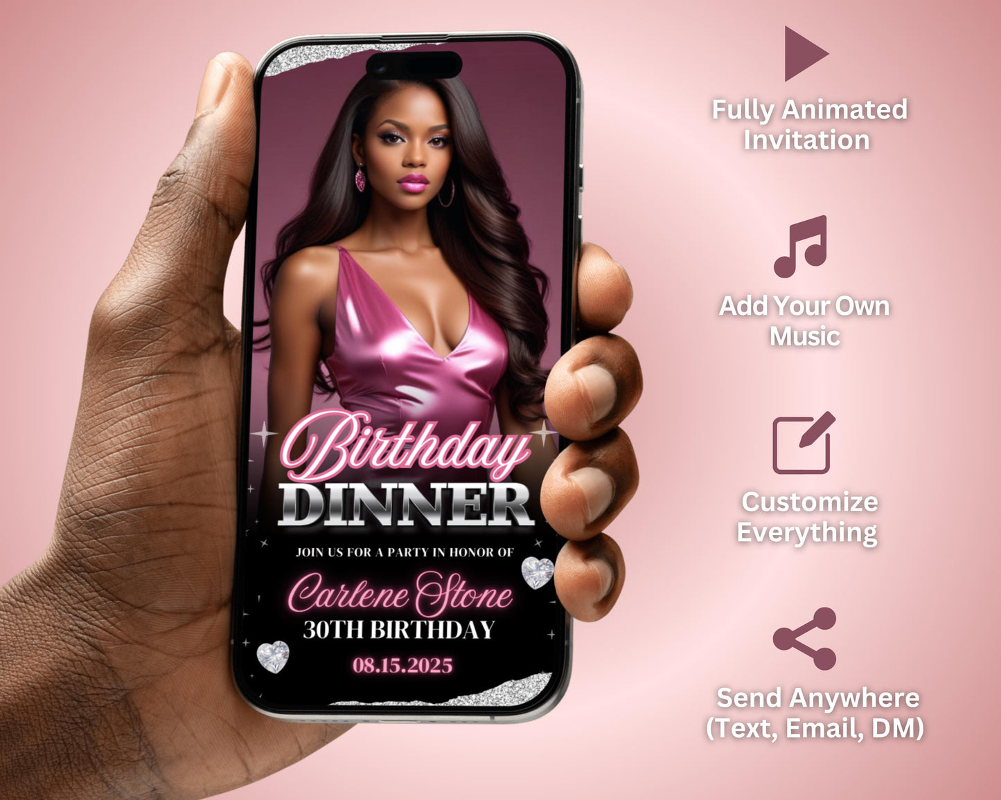 animated invite
birthday invitation
digital invite
video invitation
birthday dinner
pink birthday
glam birthday
editable template
qr code invite
party invitation
electronic invite
milestone birthday
30th birthday
women&#39;s birthday
party planner
social media invite
instant download
anniversary invite