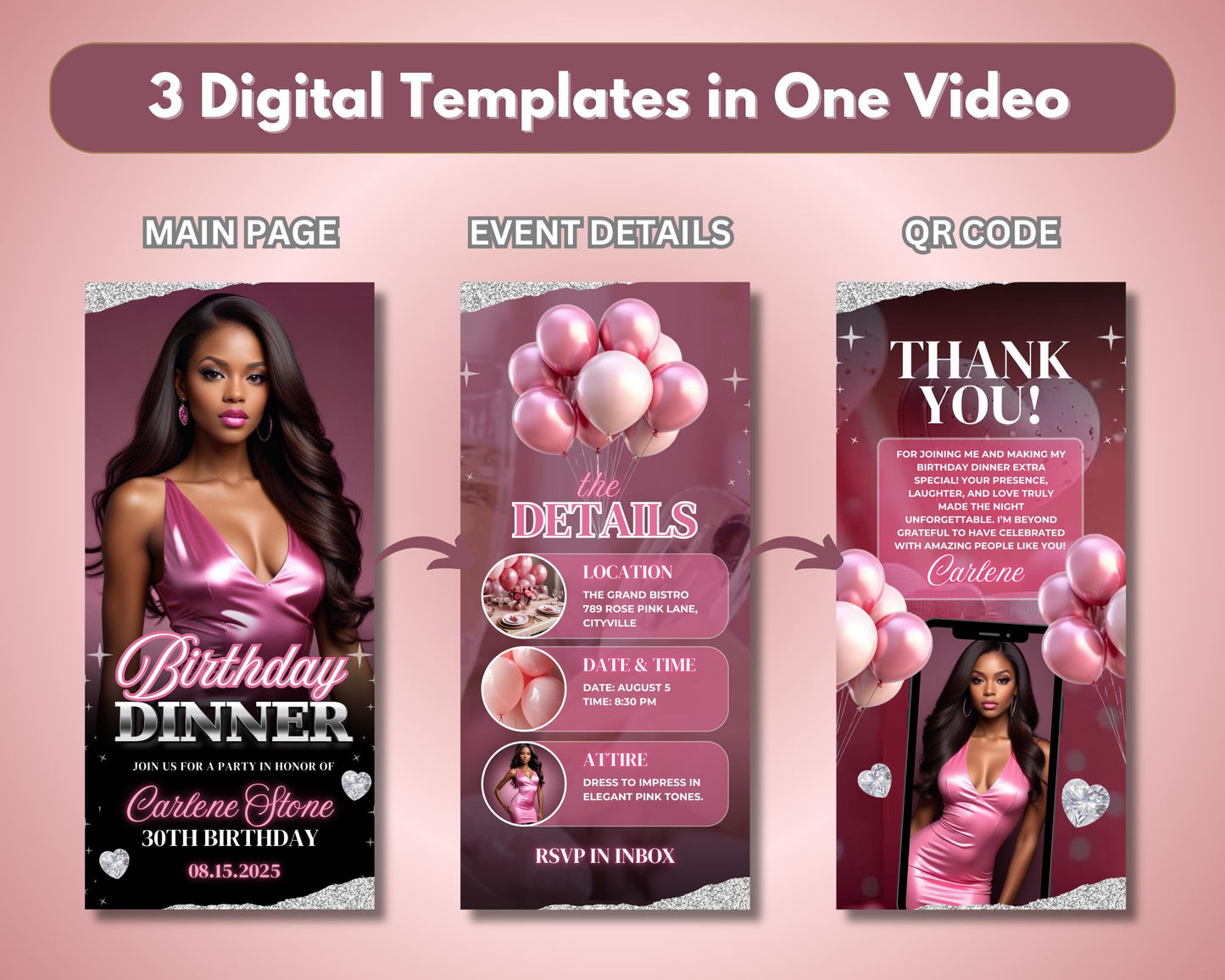 animated invite
birthday invitation
digital invite
video invitation
birthday dinner
pink birthday
glam birthday
editable template
qr code invite
party invitation
electronic invite
milestone birthday
30th birthday
women&#39;s birthday
party planner
social media invite
instant download
anniversary invite